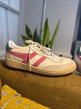 Gola White Leather Sneaker with Pink Stripes and Green Heel